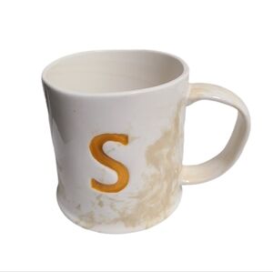 Anthropologie White Cream Marbled Ceramic Mug with Yellow 'S' Initial Letter